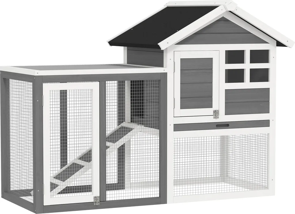 Cage à lapins en bois avec niche et parc extérieur sécurisé coloris gris