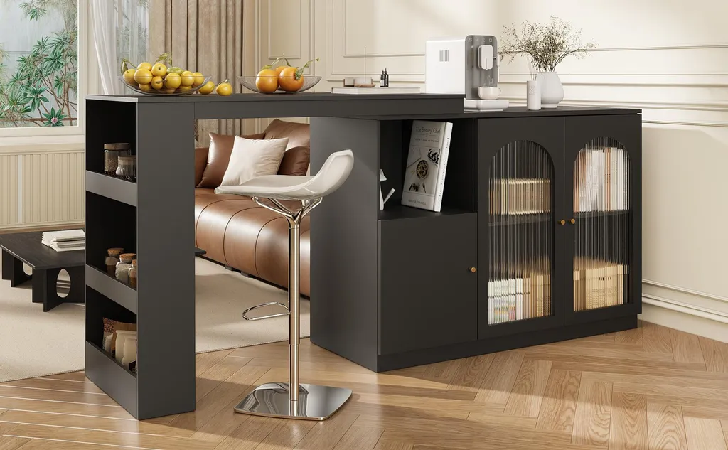 Table de bar noire design pivotante à 360° avec vitrine intégrée chic