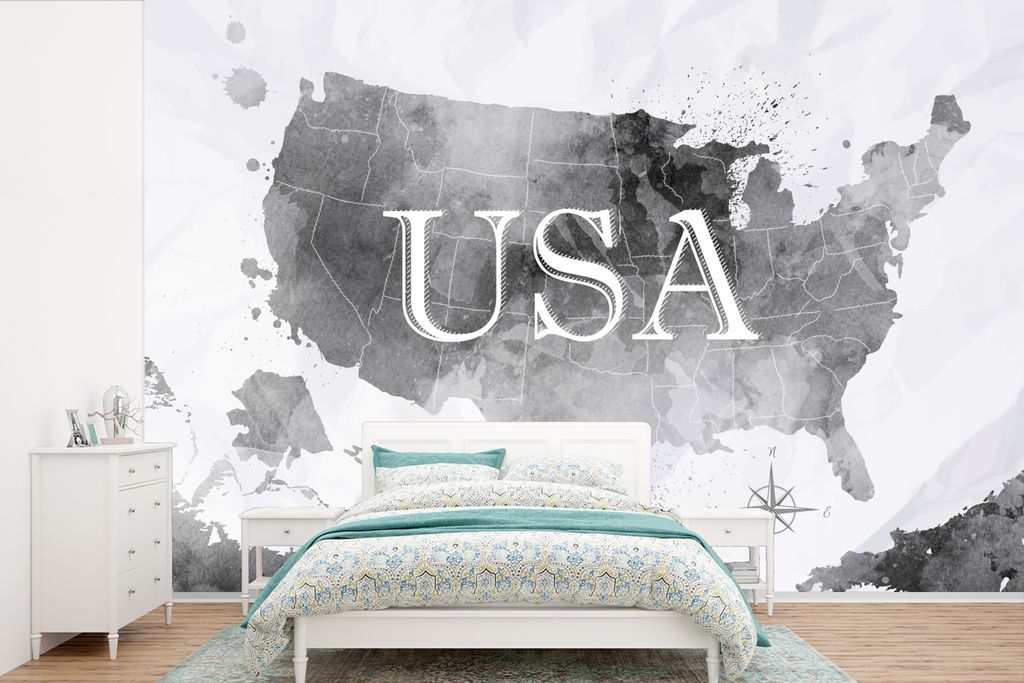 MuchoWow Fototapete für Wohnzimmer oder Schlafzimmer Wandtapete Vinyl Motivtapete Weltkarte - Aquarell - Vereinigte Staaten - 330x220 cm - Fotot...