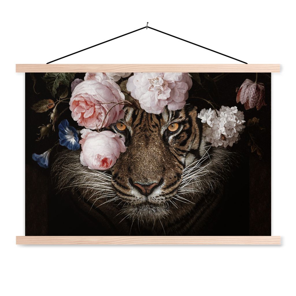 MuchoWow Textilposter Tiger - Blumen - Porträt 60x40 cm mit holzfarbenen Rahmen - Bilder