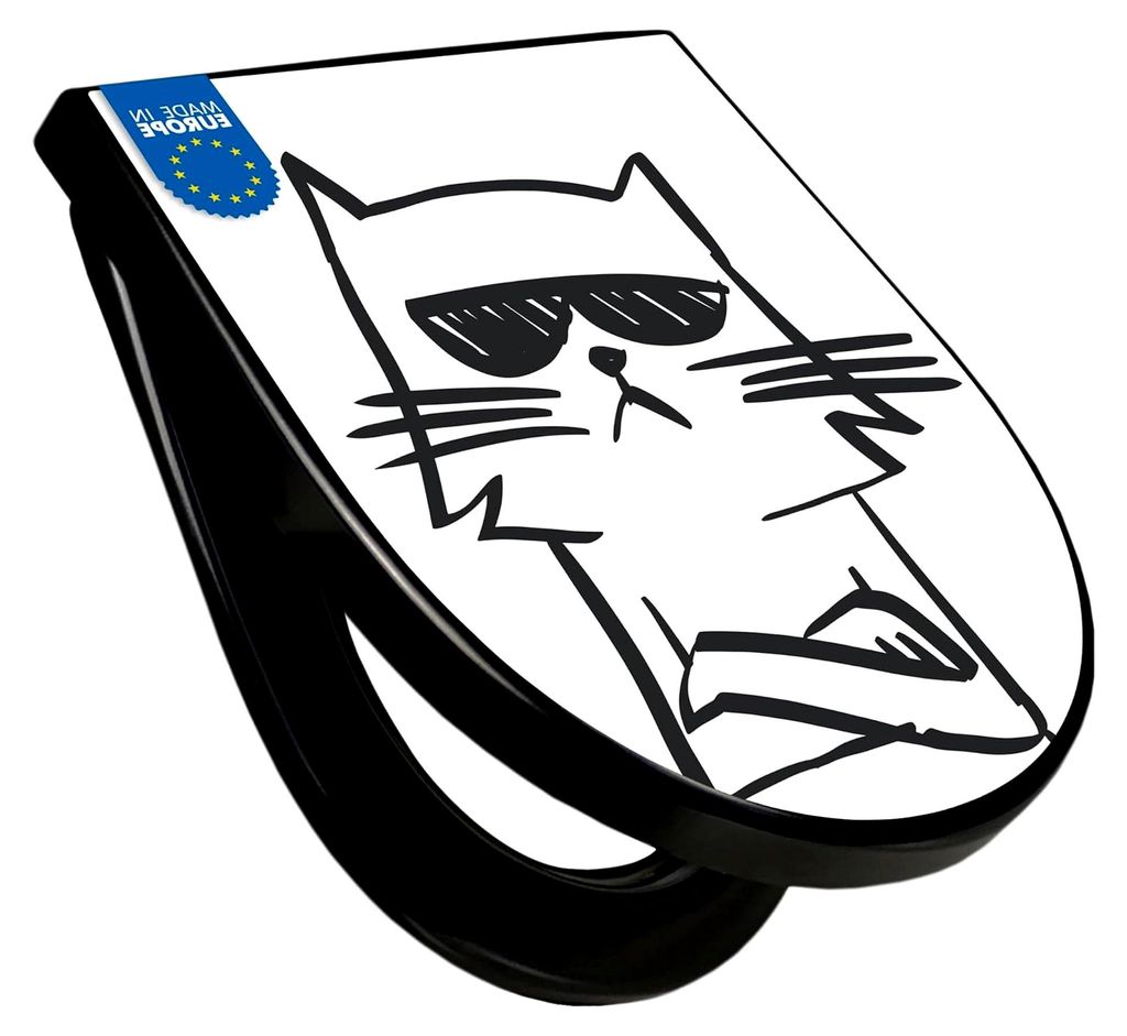 WC-Sitz mit Absenkautomatik in D-Form - Toilettendeckel mit Softclose - stabile Klobrille - Toilettensitz in Schwarz - Motiv Coole Katze