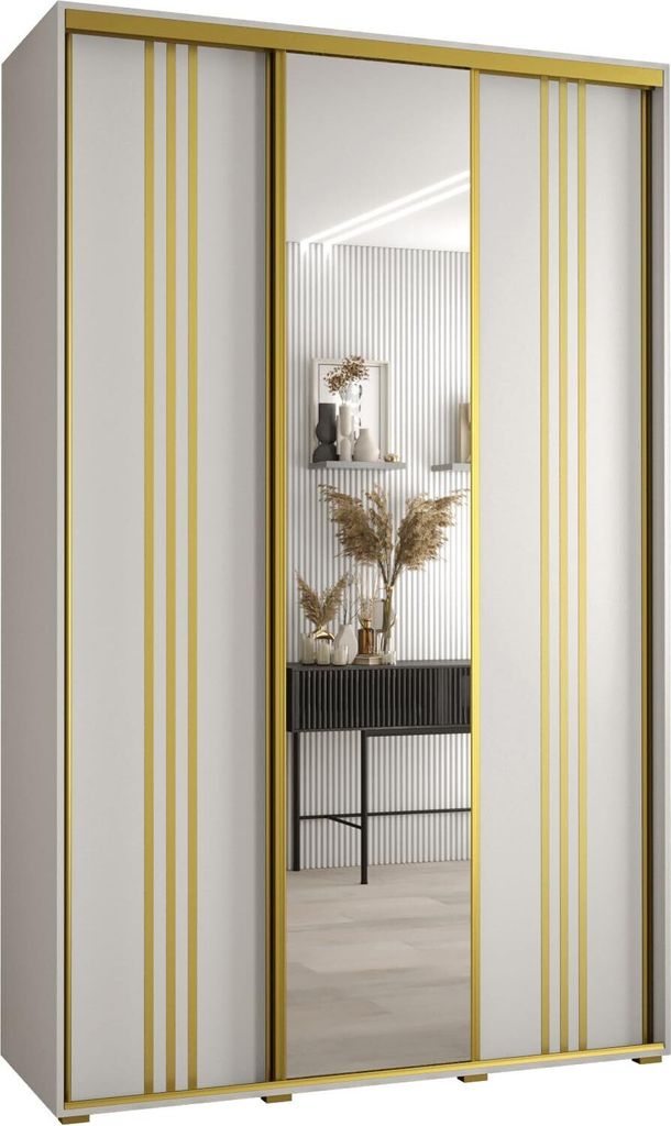 MEBLE KRYSPOL Cannes 7 Schrank mit 3 Schiebetüren - 205,2x160x45 cm - Weiß Weiß Gold