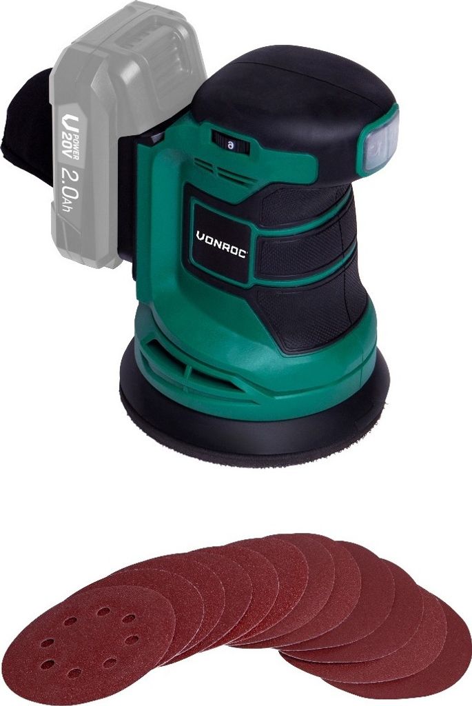 Vonroc Exzenterschleifer – 20V (Exkl. Akku & Charger) – Ø125mm -– Staubb. & 12x Schleifpapier