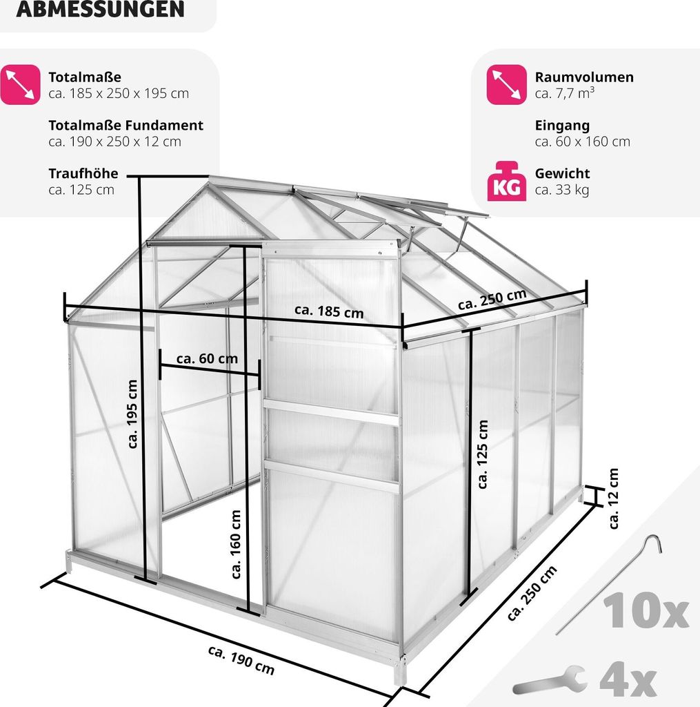 Gewächshaus mit Fundament 7,7 m³ 185 x 250 x 195 cm Produktbild 5