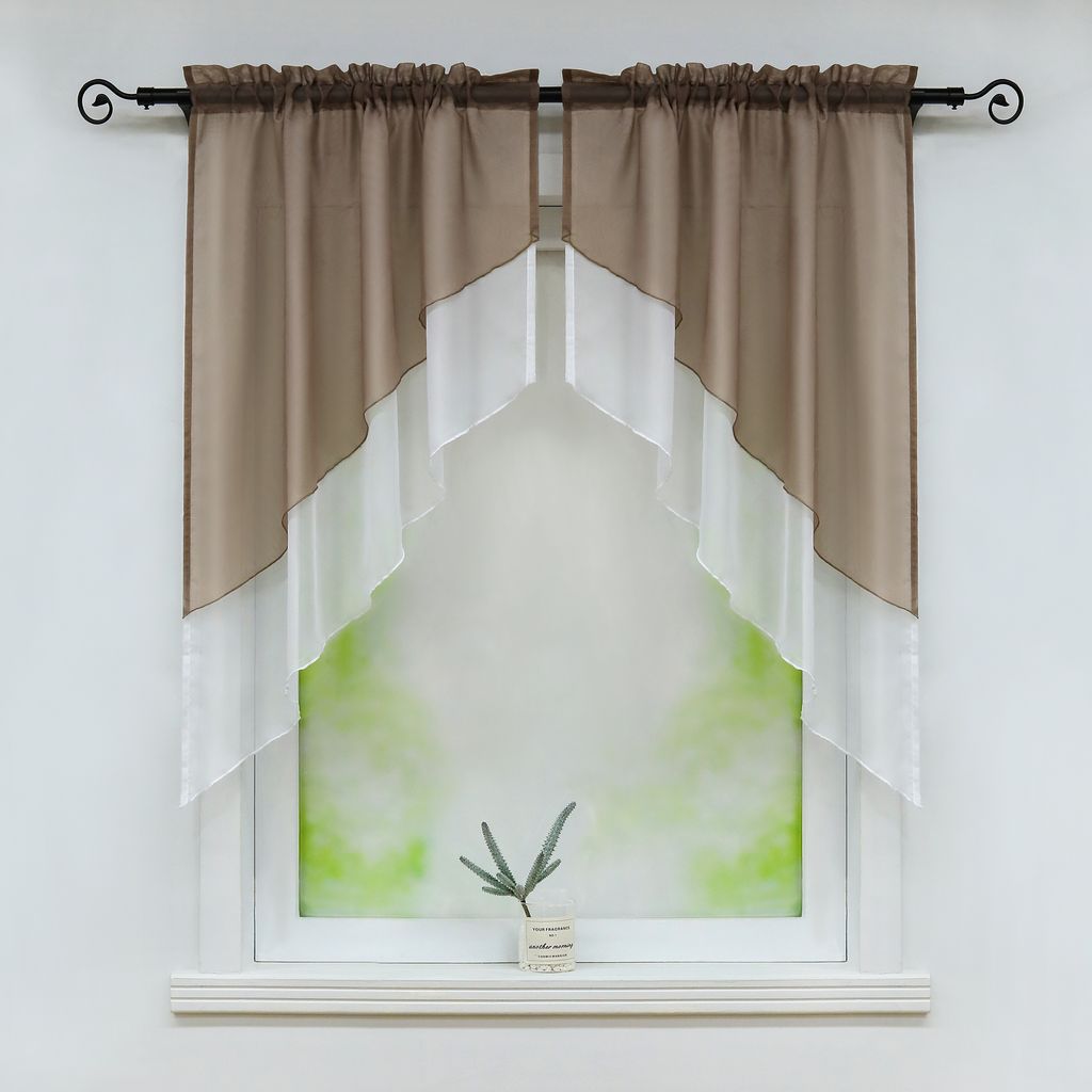 Delien Voile Scheibengardine Bogen 2-Teilige Kleinfenster Vorhang Tunnelzug Kurzstores Doppelschichtige Küchengardinen, Braun BxL 90x100cm