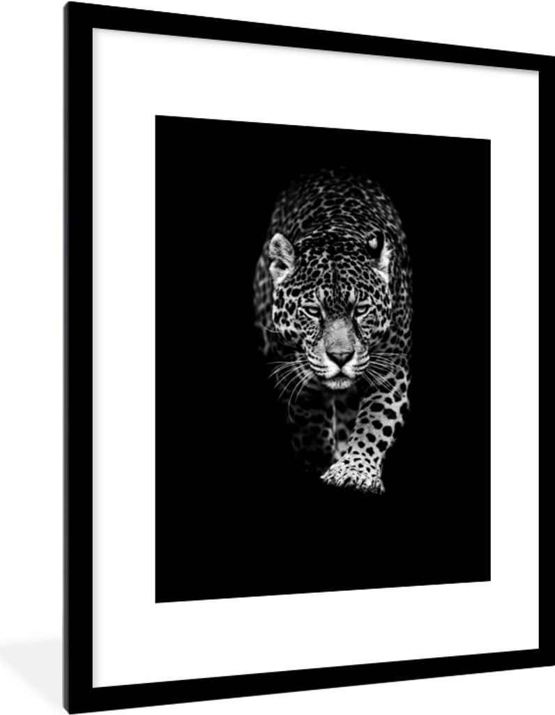 MuchoWow Gerahmtes Poster Tiere - Schwarz - Leopard - Weiß - Wild 60x80 cm - Poster mit Schwarzem Bilderrahmen Wandposter Rahmen Foto Bilder - W...