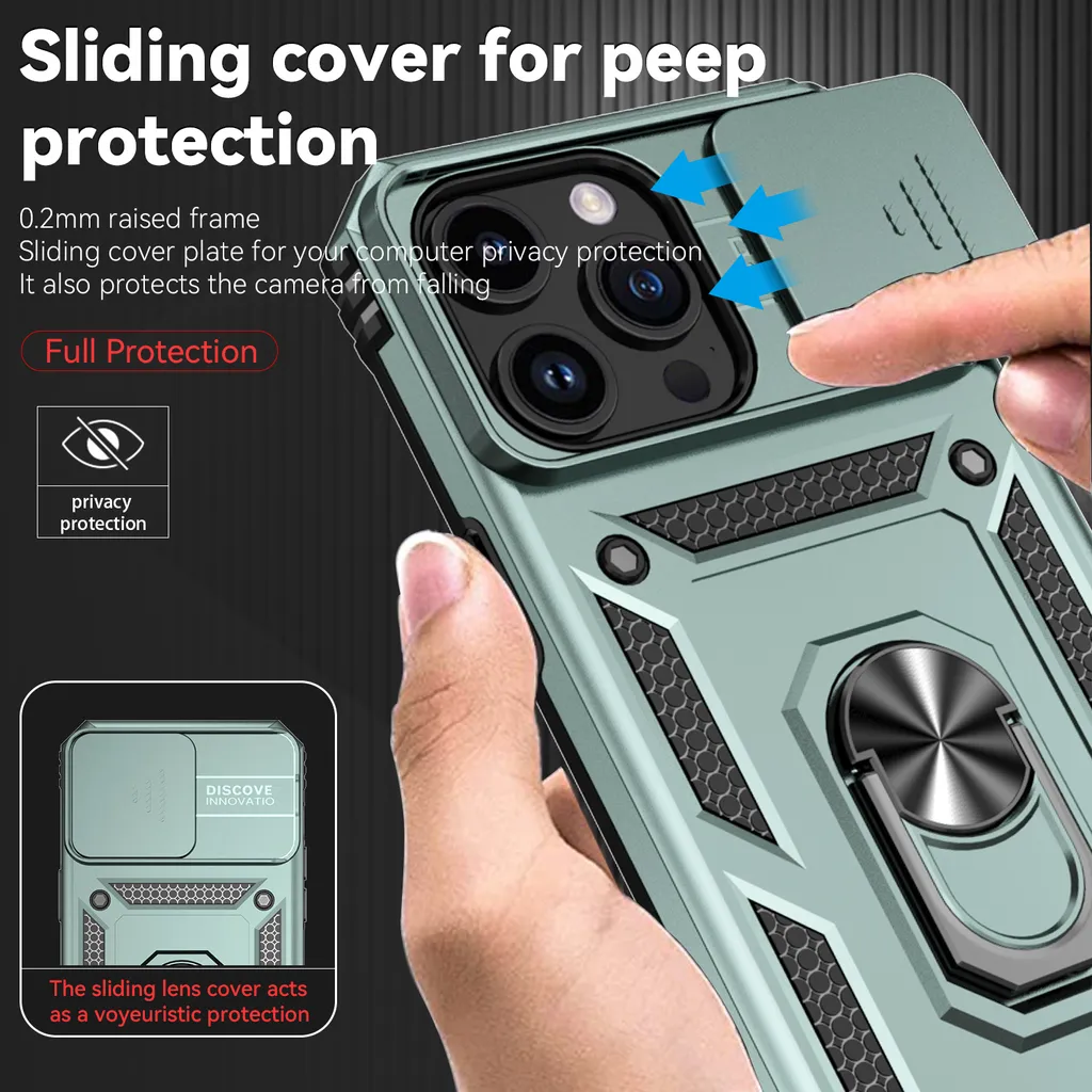 Dechyi Cover per Iphone 14 Pro Max 6.7 Pollici con Vetro Temperato Custodia con Scorrevole Protezione Fotocamera Custodia Rotante Anello Supporto Antiurto TPU Bumper Custodie-Nero
