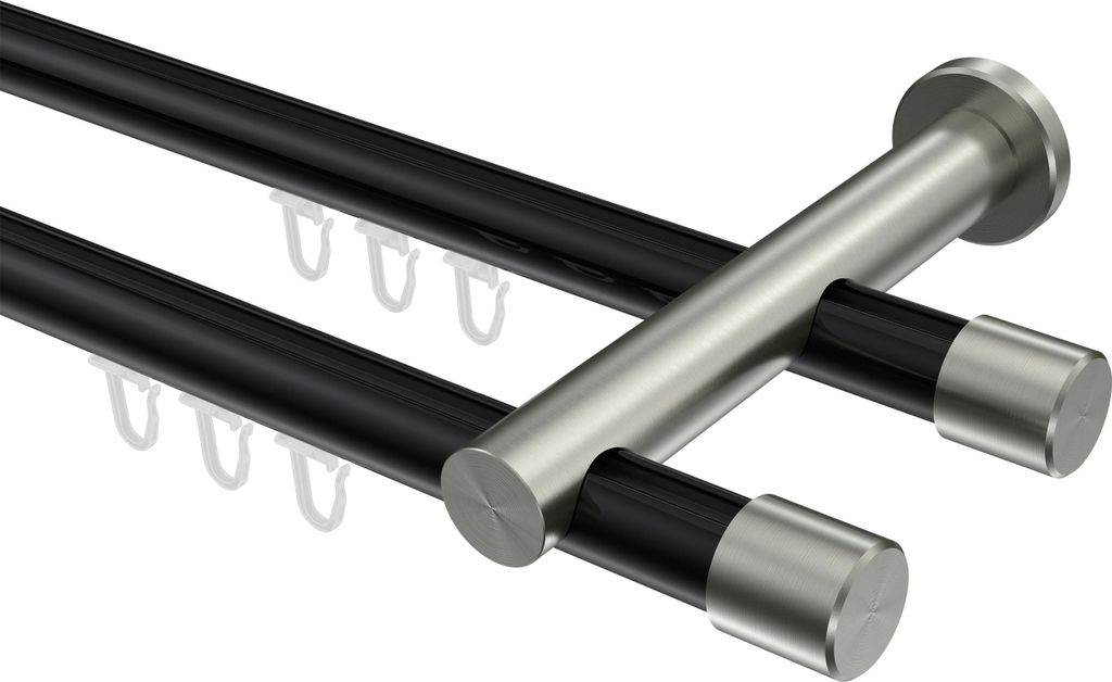 Interdeco Innenlaufstange / Gardinenstange mit Innenlauf Schwarz / Edelstahl-Optik, Typ Platon Santo (Kappe), 20 mm Ø 2-läufig, 100 cm