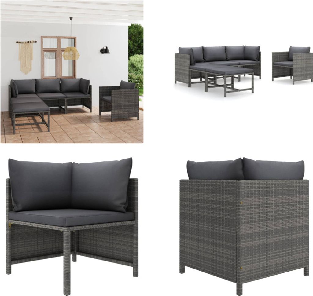 vidaXL 6 tlg. Garten Lounge Set mit Kissen Poly Rattan Grau - Garten-Lounge-Set - Garten-Lounge-Sets - Gartenmöbel - Gartenmöbel-Set