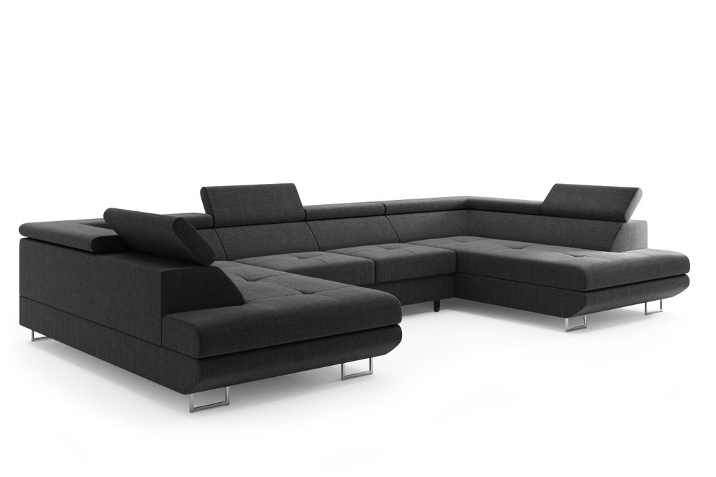 Wohnlandschaft U – Form Ecksofa Miami Webstoff Schwarz mit Bett Bettkasten Kopfteilverstellung Bett Sofa Schlafsofa Bigsofa