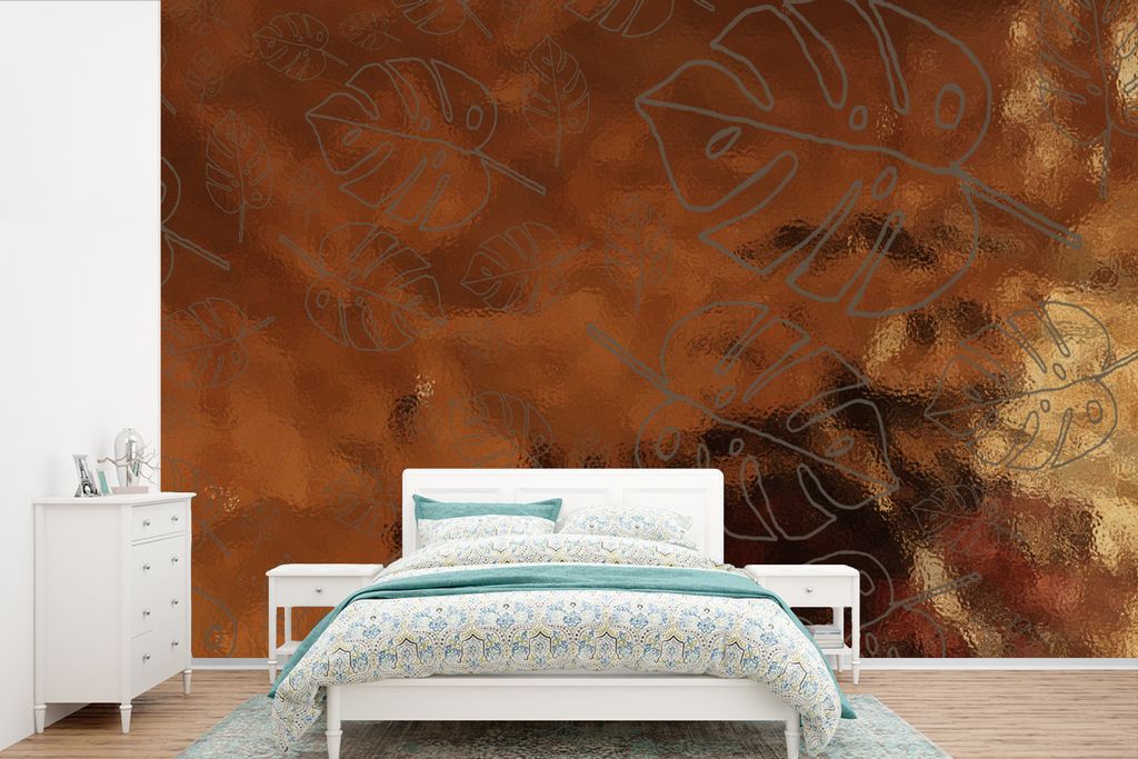 MuchoWow Fototapete für Wohnzimmer oder Schlafzimmer Wandtapete Vinyl Motivtapete Muster - Luxus - Blätter - 360x240 cm - Vinyl-Tapete