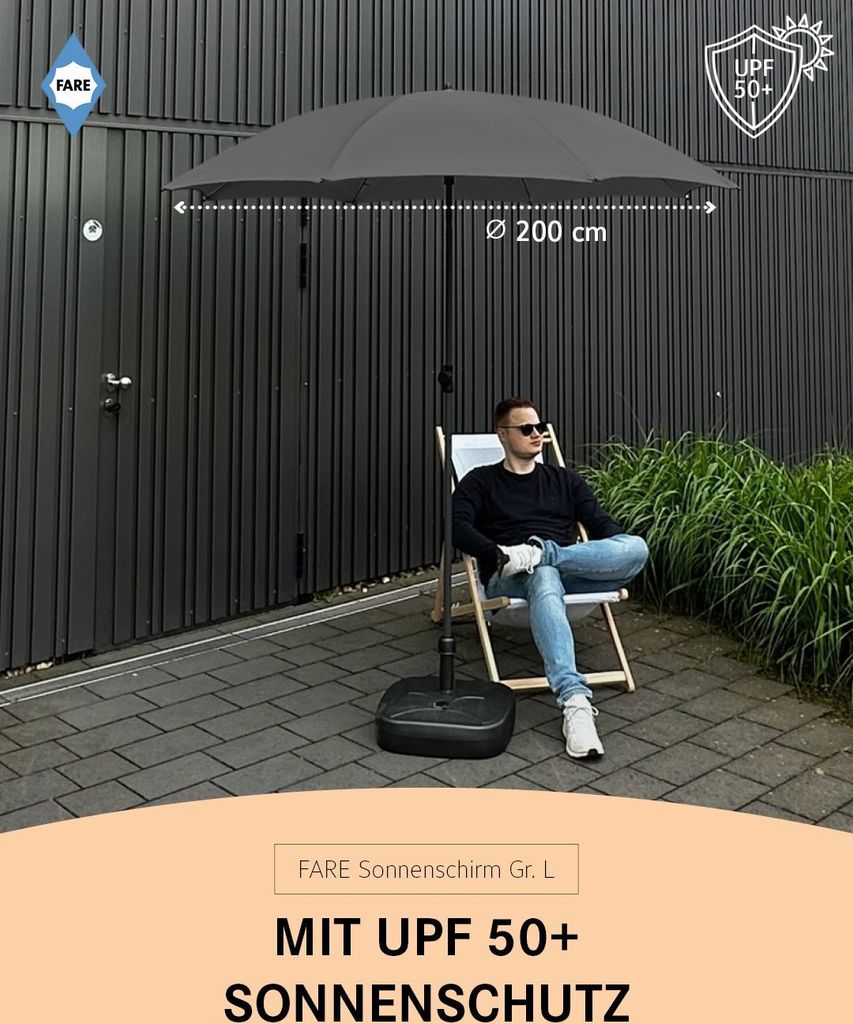 FARE Sonnenschirm L Höhenverstellbar Knickvorrichtung Lichtschutzfaktor UPF 50+ 200cm, Farbe:Grau