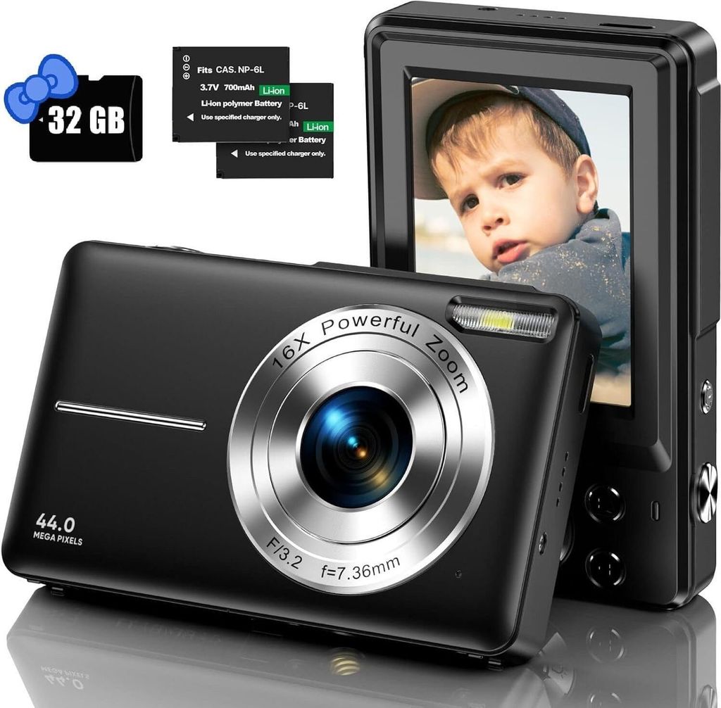 Digitalkamera mit 32G Micro SD Karte, 1080P Kinderkamera 44MP HD Kinderkamera inkl. 44MP HD mit 2,4“ LCD-Bildschirm 16X Digitalzoom und 2 Batteri...