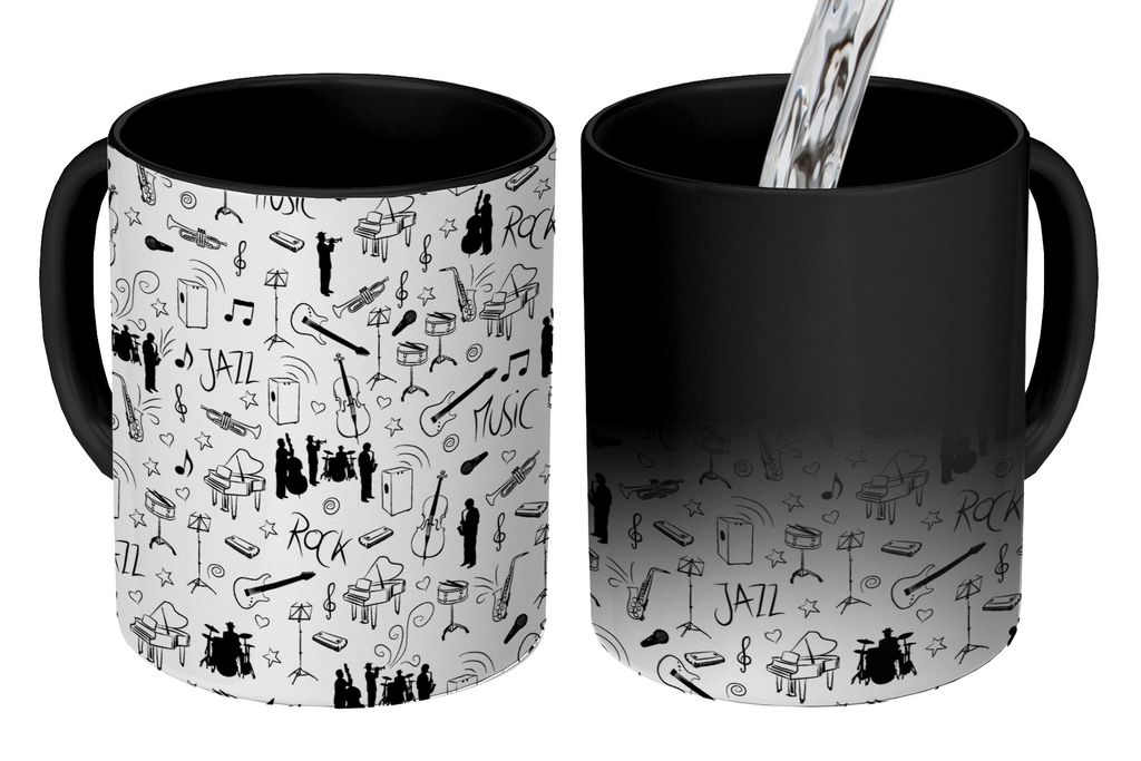KitchenYeah Zauber Tasse Zaubertasse Magic Musik - Muster - Schwarz und Weiß 350 ml Farbwechsel Becher Geschenk Geschenkidee - Magic-Tasse - Fot...
