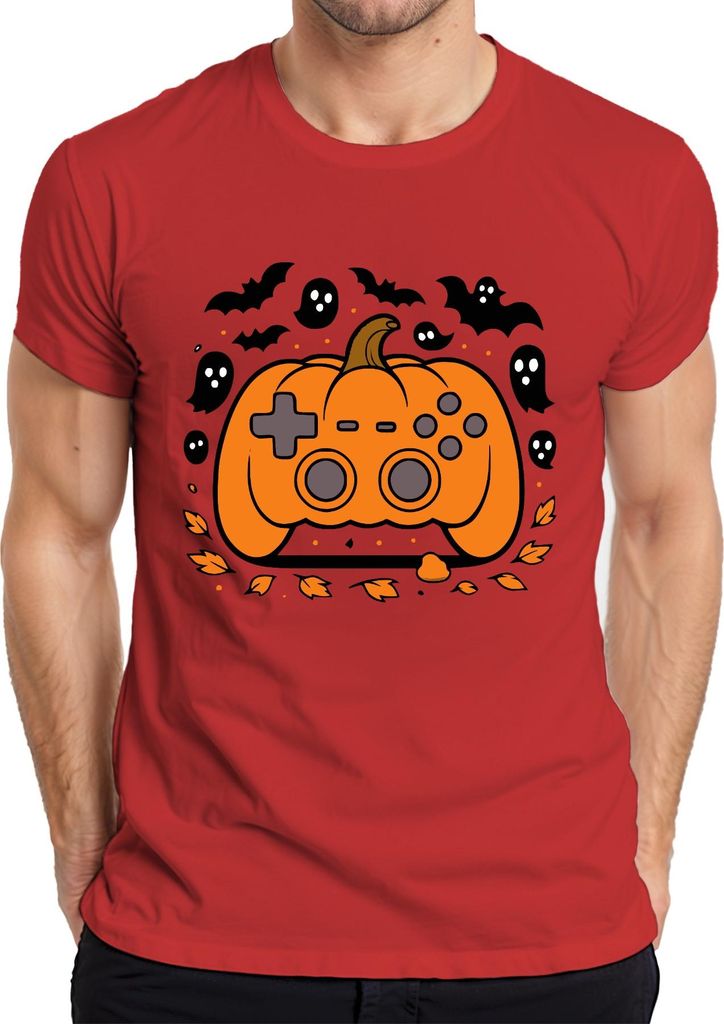 Halloween Kürbis Controller Gamer Geschenk Geister Herbst Zocker Herren T-Shirt, Rot, XL