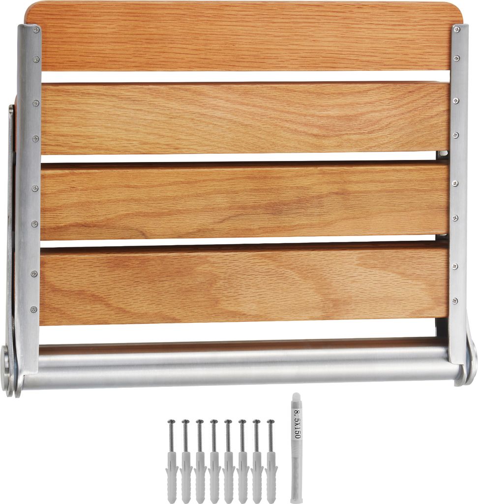 A wall-mounted folding shower seat made of wood and metal, with mounting hardware shown below.