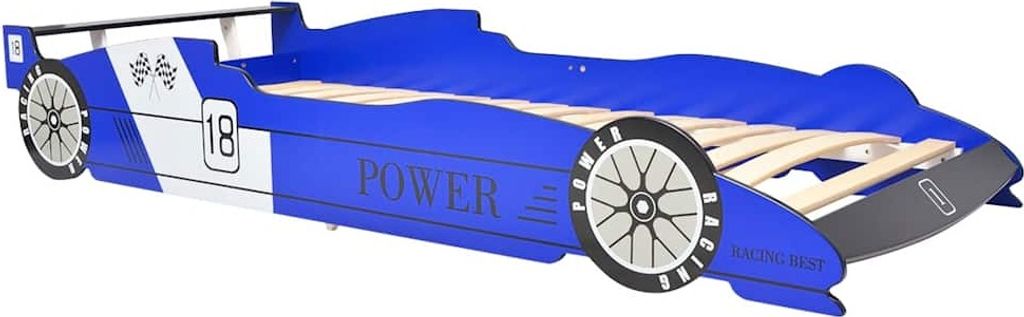 A blue race car-shaped bed for children, shown from a diagonal angle against a white background.