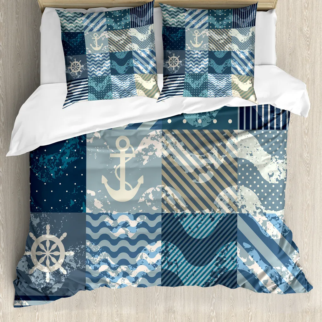 ABAKUHAUS Copripiumino nautico, Anchor Grunge Naval, antiacaro, adatto a chi soffre di allergie, con federe, 200 cm x 200 cm - 80 x 80 cm, blu beige