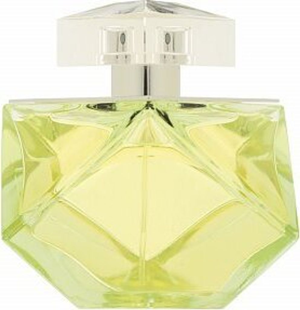 A perfume bottle with yellow liquid inside, on a white background.
