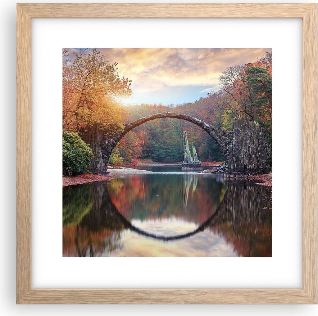 Gerahmtes Poster - Rahmen in heller Eiche - Garten Rhododendren Brücke - 30x30 cm - Wand Bild - Wanddeko - Wandbilder - Kunstposter - Wandposter -...