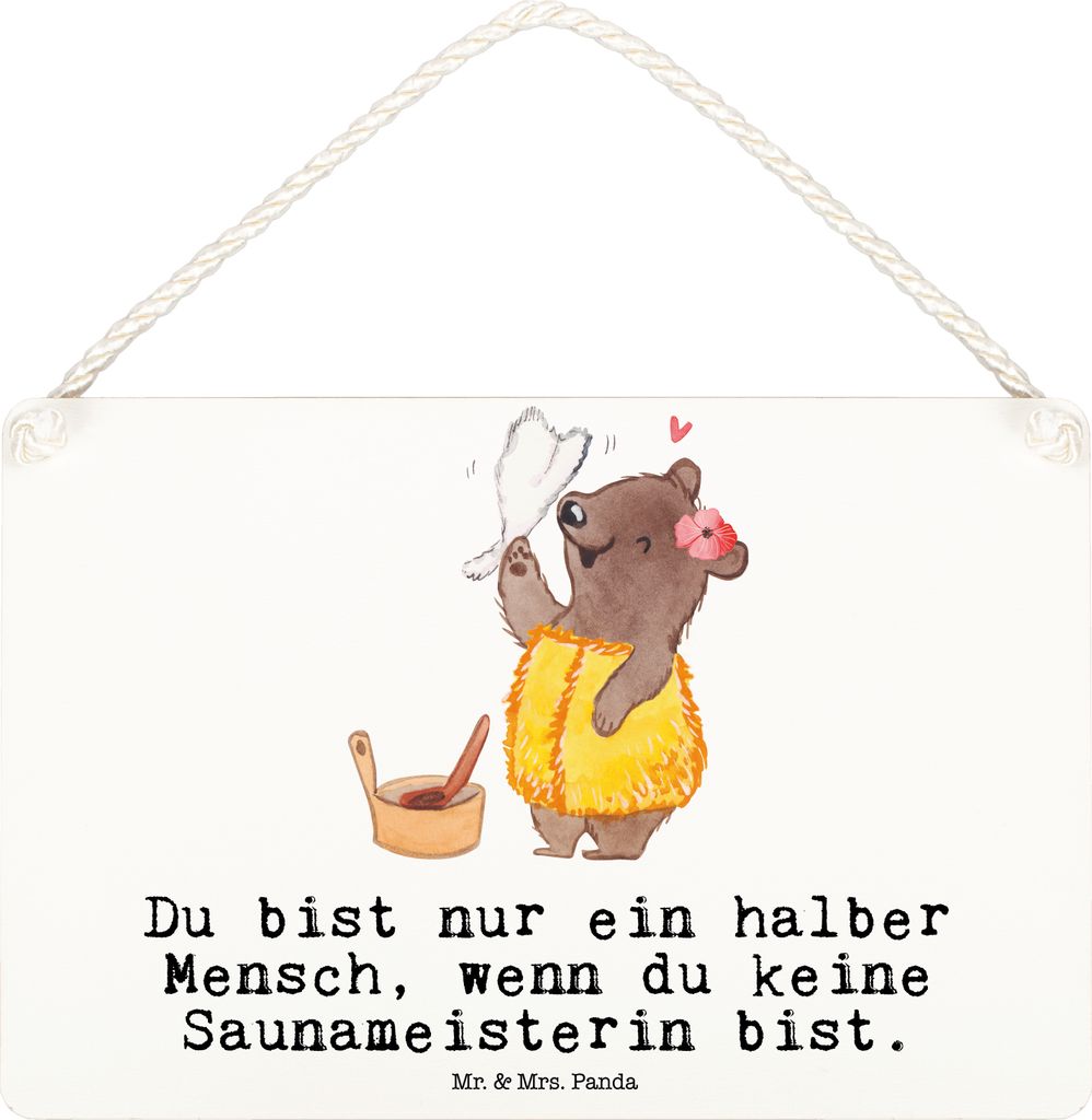 Mr. & Mrs. Panda Schild Saunameisterin Herz DIN A6 - Weiß - Geschenk, wandtafel, Türschild, Holzschild, Deko Wandbild, Holz