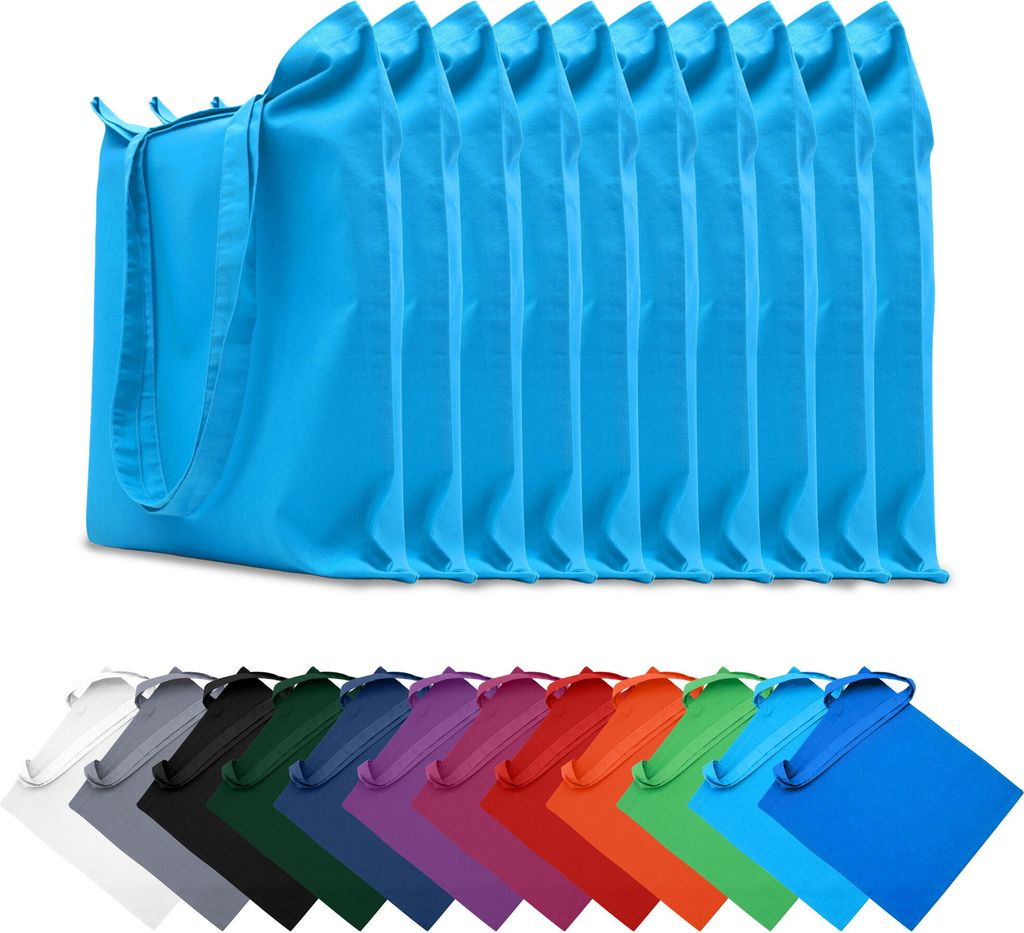 10er SET Stofftaschen Baumwolltaschen 28x32 cm Taschen Beutel Tragetaschen Einkaufstaschen Stoffbeutel, in Farbe: Türkis
