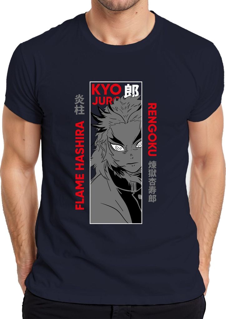 Kyojuro Rengoku Flame Hashira Kimetsu no Yaiba Anime Geschenk Herren T-Shirt, Navy, S