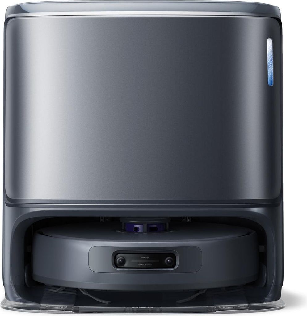 A front view of a gray robot vacuum cleaner with its charging dock.