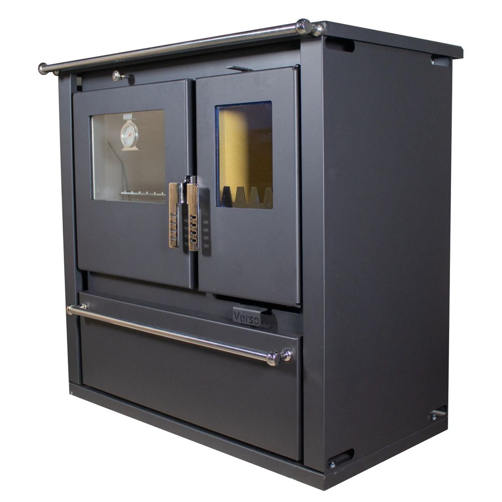 A dark gray wood-burning stove with a stainless steel handle and a glass window on the left door.