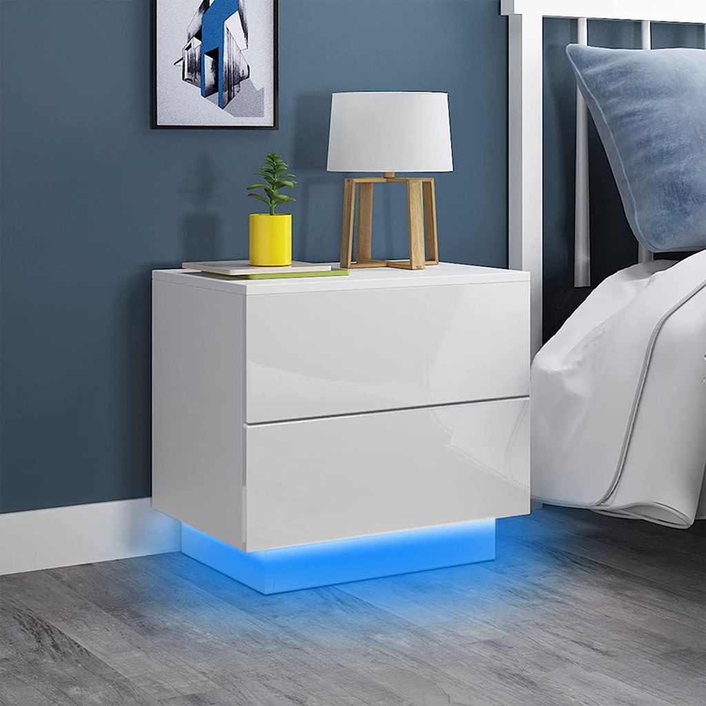 Iropro Table de nuit avec éclairage LED, blanc brillant en Image du produit 