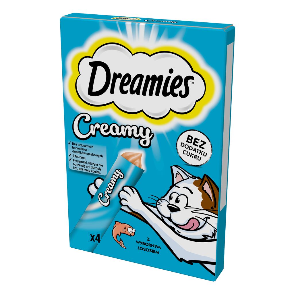 A product box for Dreamies Creamy cat treats, featuring a cartoon cat and product details.