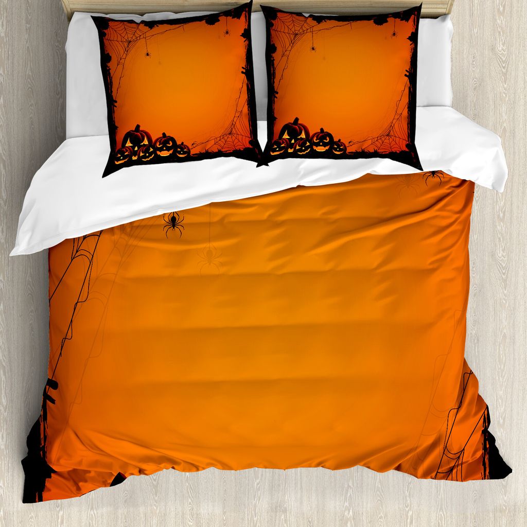ABAKUHAUS Halloween Bettbezug, Halloween-Kürbis Scary, Milbensicher Allergiker geeignet mit Kissenbezügen, 200 cm x 200 cm - 80 x 80 cm, Orange S...