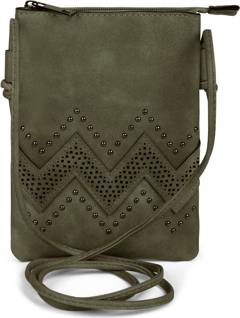 styleBREAKER Damen Mini Umhängetasche 14x19cm | weiches Kunstleder mit Zick-Zack Cutout & Nieten | Reißverschluss | für Party Festival Alltag | ...