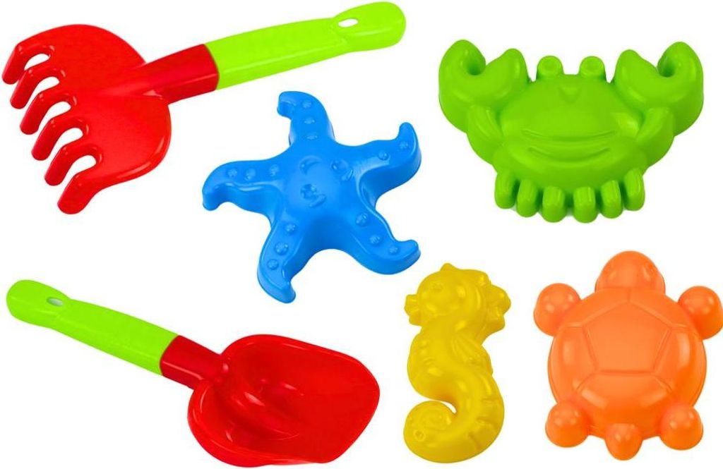 Sandspielzeug-Set, Schaufel, Rechen, Förmchen, 6-tlg.