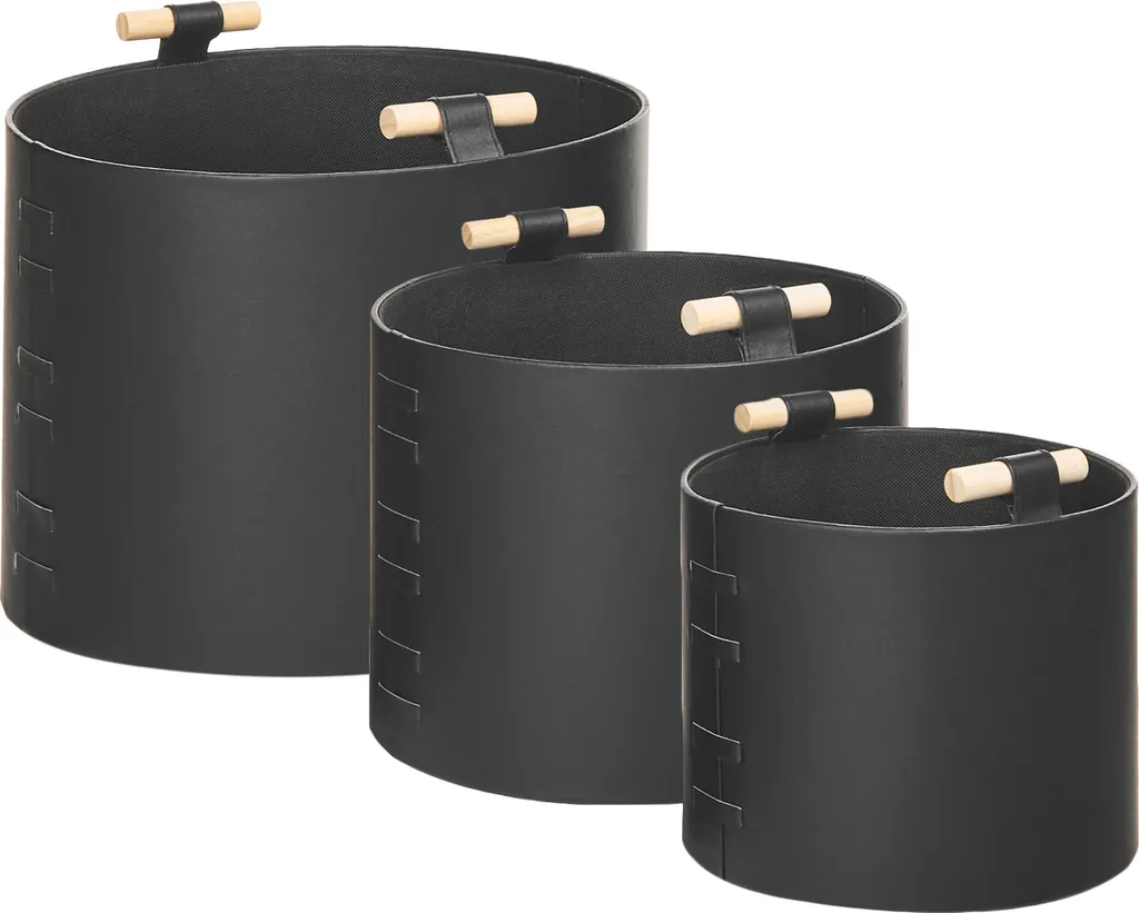 Set de 3 Paniers Rangement Bureau et Salon en Simili Cuir Noir Chic