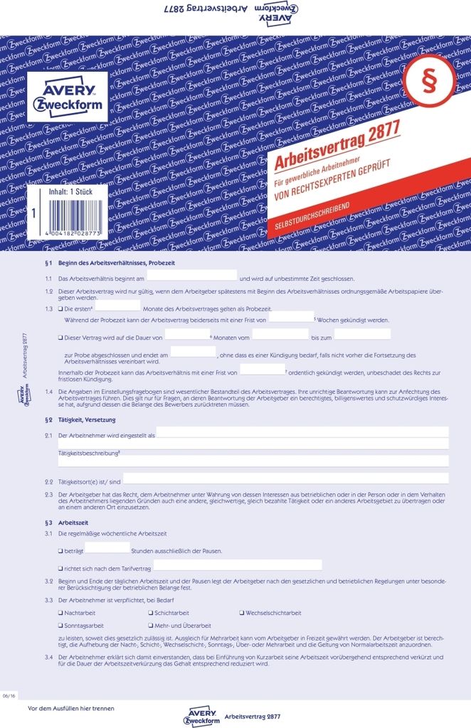 Arbeitsvertrag A4 für gewerbl. Arbeitnehmer 2-seitig Packung mit 5 Stück
