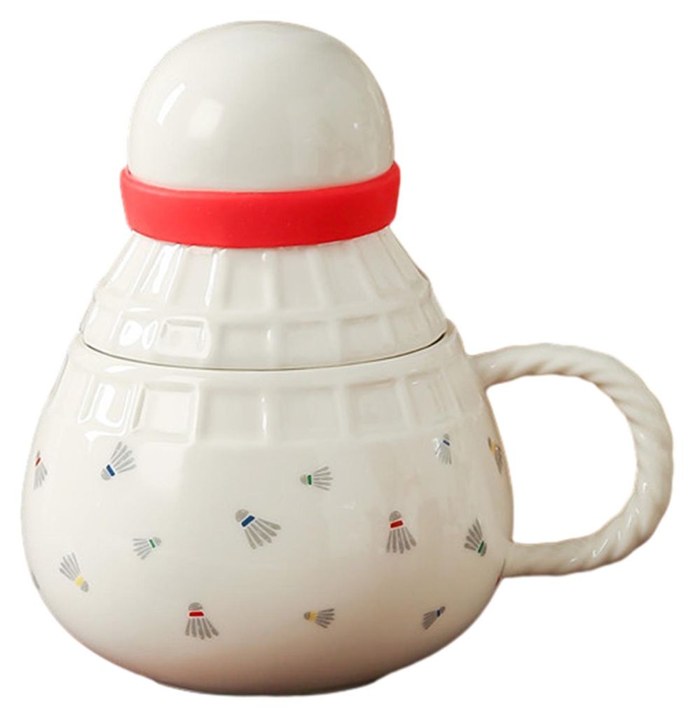 Sportmotiv-Keramikbecher mit Deckel und Löffel, Badminton, Fußball, Basketball, Kaffee- und Teetasse, einzigartiges Geschenk für Sportbegeisterte