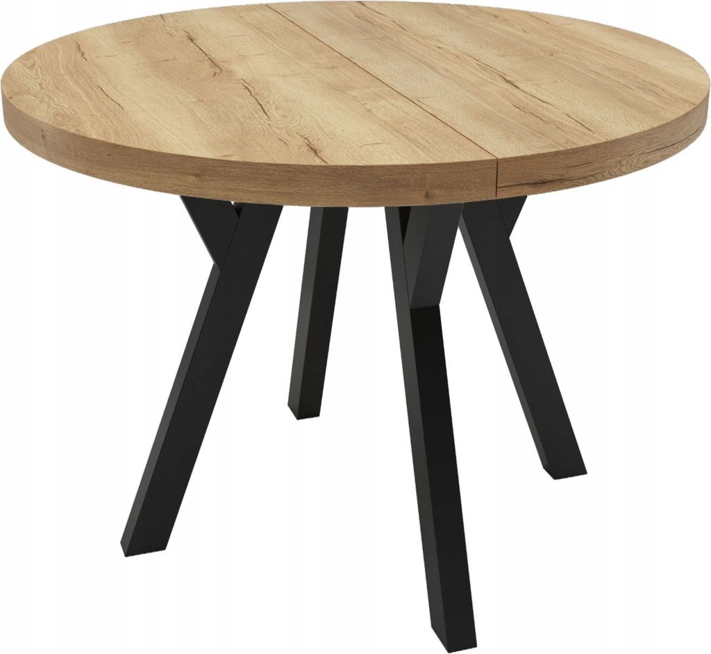 A round wooden table with black legs on a white background.