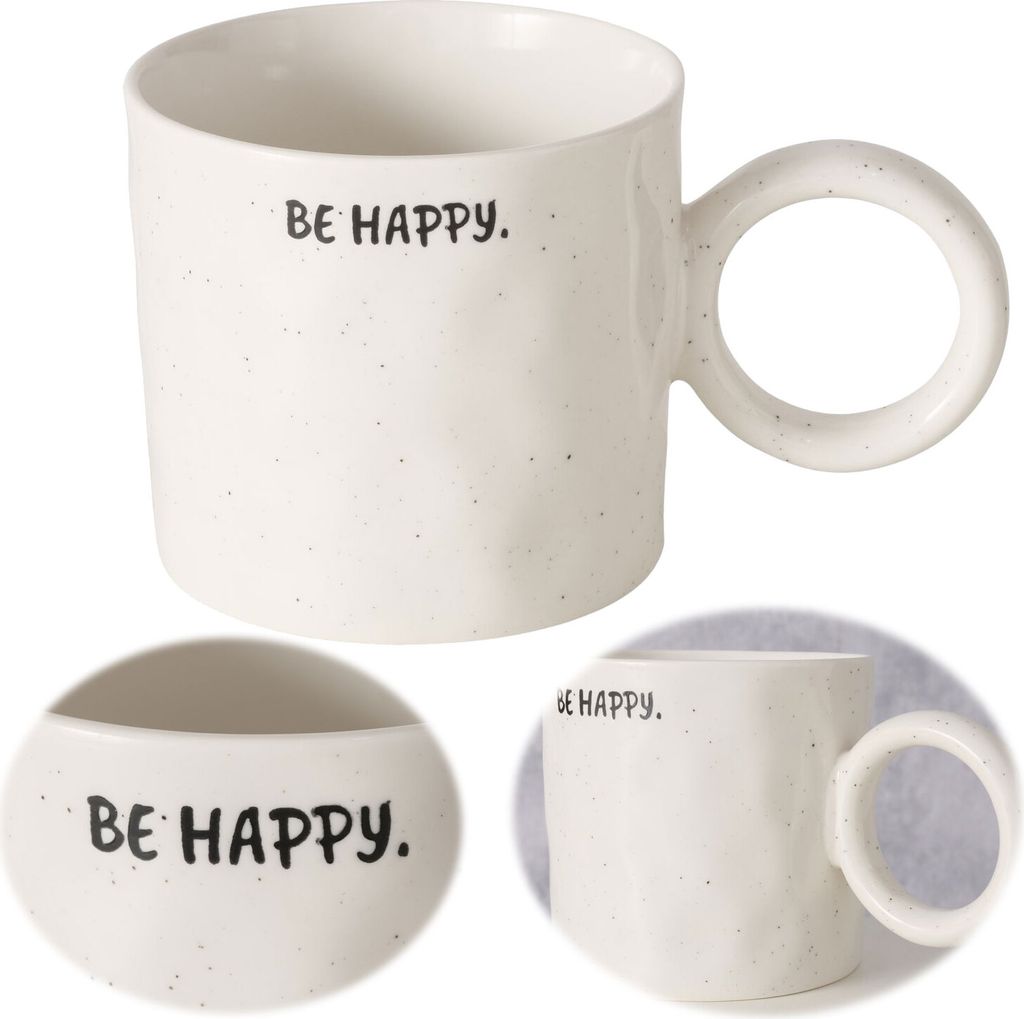 LS-LebenStil XL Jumbo Kaffeebecher 420ml Spruch "Be Happy" Keramik Henkelbecher Kaffeetasse perfekt für Kaffee Milchkaffee Cappuccino Kaffeepott
