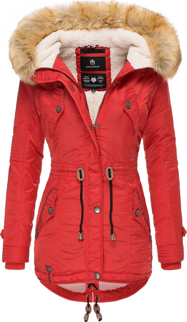 Navahoo La Viva Eleganter Damen Winter Parka mit Kapuze und Kunstpelzbesatz Wintermantel Vegan Rot Gr. 36 - S