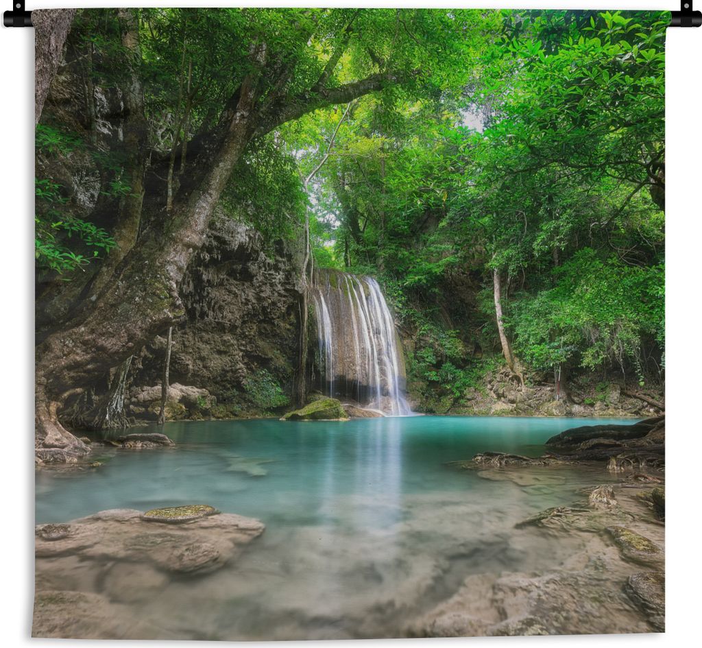 MuchoWow Wandteppich Wandbehang Erawan-Wasserfall in Kanchanaburi, Thailand. 120x120 cm Tapisserie Dekoration Wandtuch - Modern - Baumwollgewebe