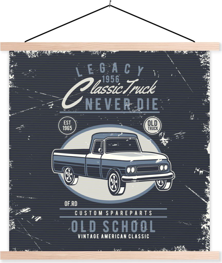 MuchoWow Textilposter Auto - Blau - Vintage - Zeichnung 60x60 cm mit holzfarbenen Rahmen - Wanddekoration