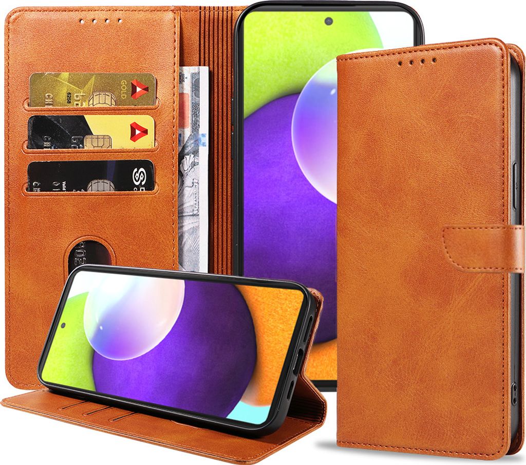 Geschikt voor Samsung Galaxy A52 Telefoonhoesje Kunstleer met Magnetisch lipje en Pasjeshouder Book Case met Klepje - Bruin - Smartphonica