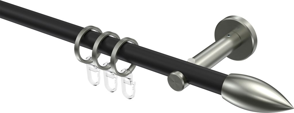 Interdeco Gardinenstange / Vorhangstange Schwarz / Edelstahl-Optik, Typ Medium Poveda (Flamme), 16 mm Ø 1-läufig, 520 cm