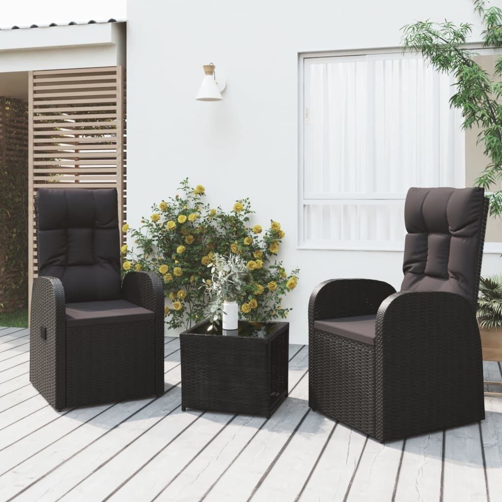 The Living Store 3-tlg. Garten-Lounge-Set Schwarz Poly Rattan & Stahl