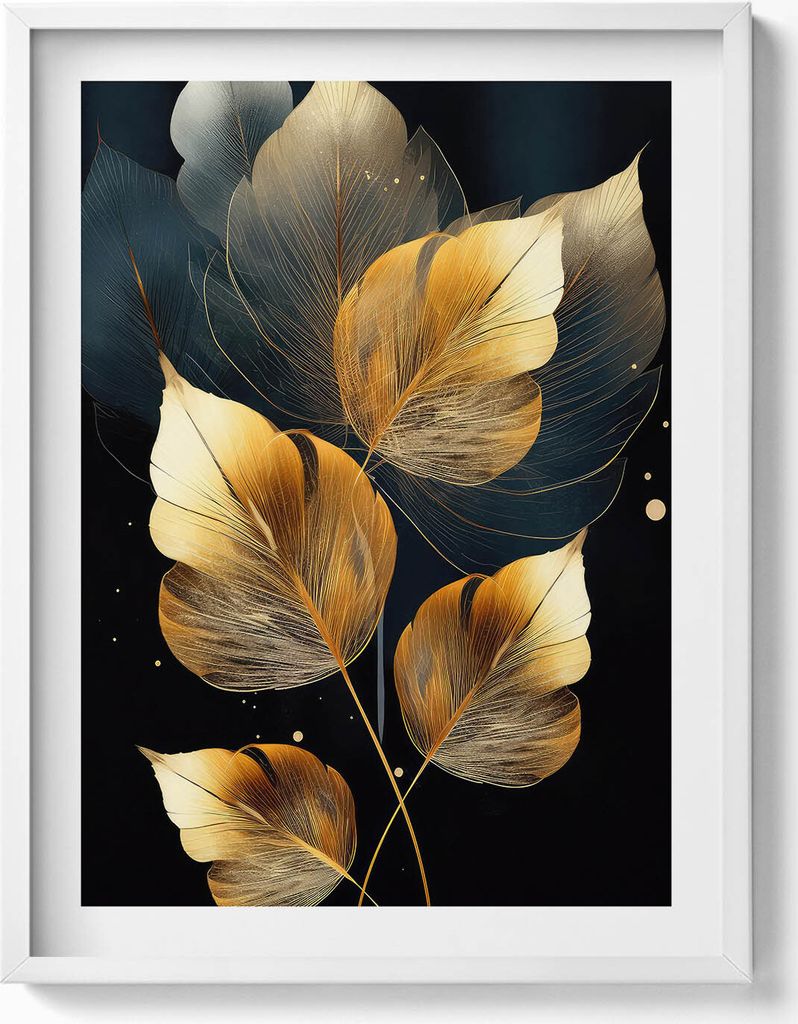 Gold Glamour Blätter– Wandbild mit Rahmen – Gerahmtes Bild – Wanddekoration – 60x80 cm – Weiß Rahmen