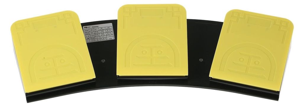A triple foot switch device with yellow pedals on a black base, shown from a slightly elevated front angle against a white background.