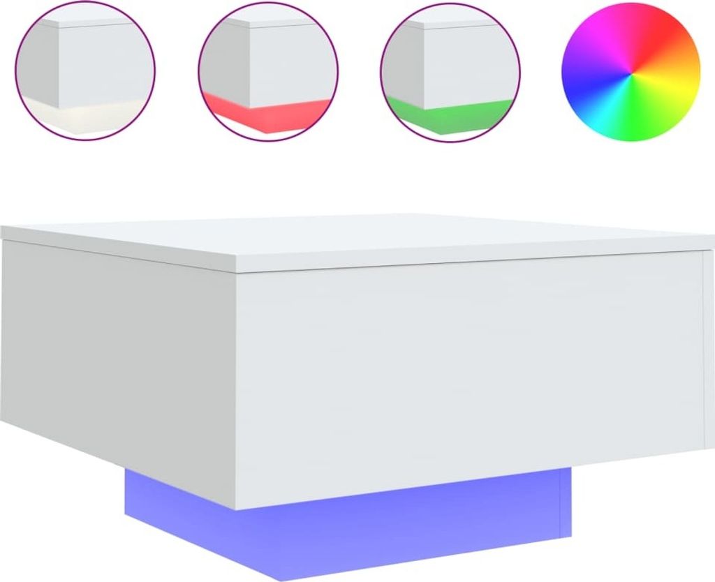 A white coffee table with a blue base and three circular insets showing color options and a color wheel.
