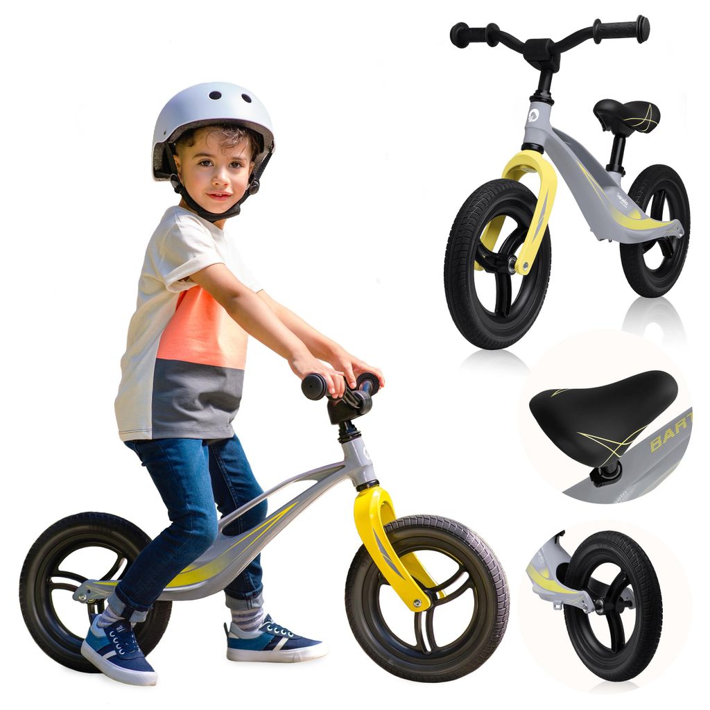 A young boy wearing a helmet is riding a balance bike, with additional close-up shots of the bike's components.