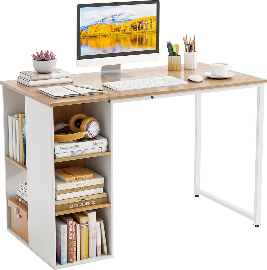 COSTWAY Schreibtisch mit 5 Fächern, Computertisch 115 x 59 cm, Bürotisch mit Stauraum & Metallrahmen, PC-Tisch modern, Arbeitstisch, Natur + Weiß